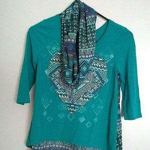 A Turquoise Shirt W/ A scarf